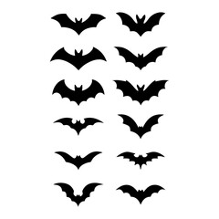 Bat Silhouette Set 12 Black Vector Icons with Varied Wing Designs on Gray Background for Halloween, Gothic Themes and Nocturnal Designs