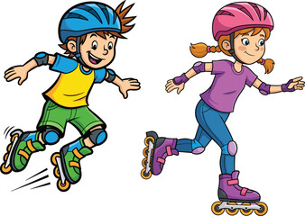 Cartoon kids roller skating, boy and girl in helmet, fun outdoor activity, active children, sport illustration, healthy lifestyle, exercise concept