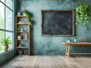 Minimalist office with green walls in a natural style with a whiteboard on the wall and a bookcase.