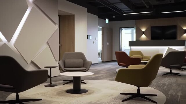Symmetrical Interior View of Office Lobby Seating Area With Gray Swivel Chairs