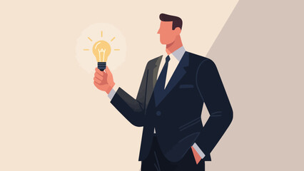 A business person is holding a light bulb, with hand-drawn vector illustrations