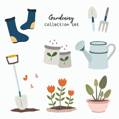 Gardening kit doodle vector isolated clip art collection set. Cute cartoon childish style of planting hobby and activity for asset, sticker, planner, design