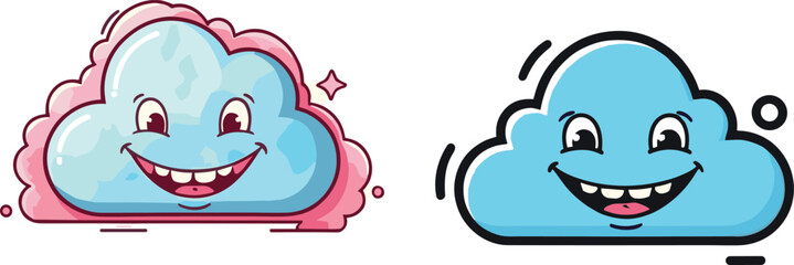 Funny cartoon cloud faces with big smiles, colorful and outlined style, vector illustration for kids, emoji expressions, weather icon collection