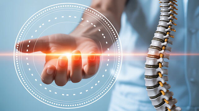 Closeup of doctor hand holding human spine model and digital interface for medical treatment concept medical technology