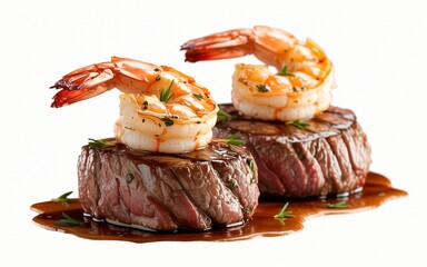 Two perfectly grilled steak filets are artfully topped with succulent, seasoned shrimp, resting in a rich brown sauce. 