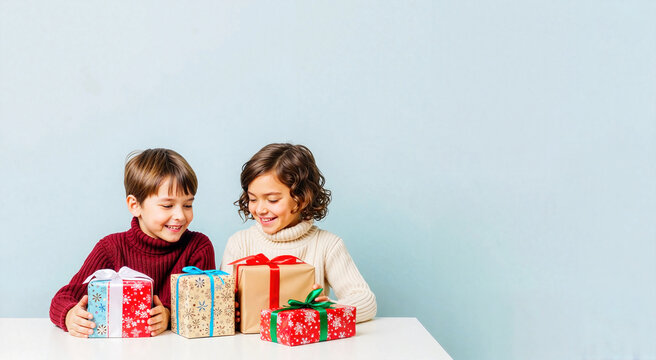 Two children sit at a table with colorful wrapped gifts. A young boy with brown hair smiles at a young girl with curly hair. The background is light blue.
