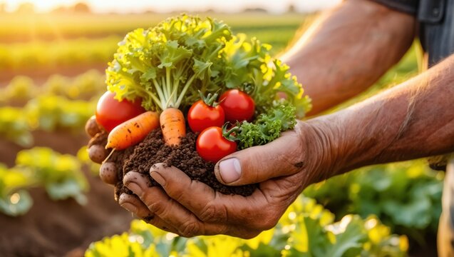 A farmer holds a vibrant assortment of freshly harvested vegetables, showcasing the beauty of sustainable agriculture and nature's bounty at sunset.