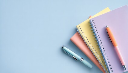 Fototapeta premium Pastel Stationery Set with Spiral Notebooks, Pen, and Paper on Light Blue Background with Copy Space