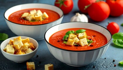 Two bowls of vibrant tomato soup