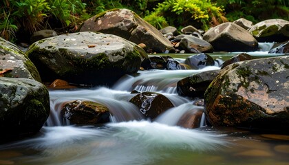 Gentle stream cascading over rocks in a lush forest