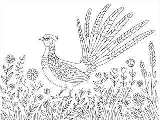 Fototapeta premium Bird in wildflower field black and white line art illustration