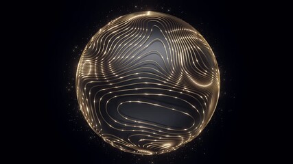 Futuristic glowing golden sphere with dynamic curved lines on black background, ideal for AI, innovation, luxury technology, metaverse design, and abstract digital concepts. - Powered by Adobe