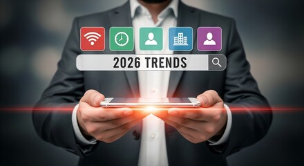 Businessman holding smartphone displaying 2026 trends with futuristic icons and glowing light