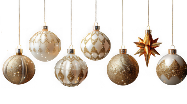 Elegant christmas ornaments with gold glitter isolated on transparent background a set of decorative balls and a star hanging on strings, perfect for holiday decor