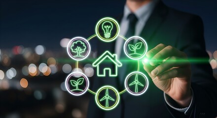 Businessman interacting with a smart home ecosystem of renewable energy and sustainability icons