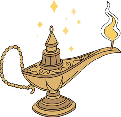 Golden magic lamp with sparkling stars evokes wishes and fantasies, ready for creative projects