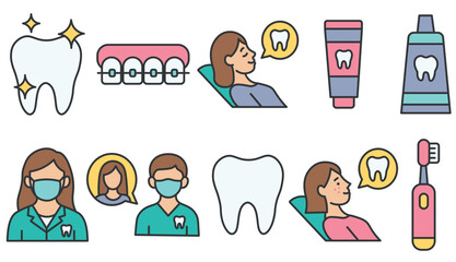 Set of dental care vector icons. Dentist, orthodontist, patient, braces, toothpaste, toothbrush, tooth illustration. Flat medical and oral hygiene concept in modern style.