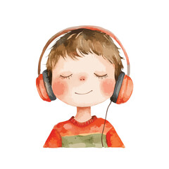 Watercolor Illustration of a Boy Enjoying Music with Closed Eyes and Headphones