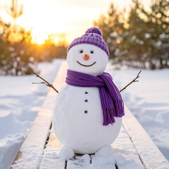 Fototapeta premium Snowy snowman with purple hat and scarf on a snowy path at sunset