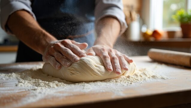 Artisan Baker Kneading Freshly Made Dough on a Rustic Wooden Surface in a Warm Kitchen Setting, Capturing the Essence of Traditional Baking Techniques