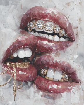 Painted illustration of glamourous mouths with gold and diamond grillz