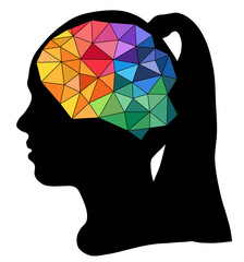 Abstract human head with geometric brain made of colorful triangles, symbol of intelligence, creativity, artificial intelligence and modern digital thinking, isolated vector illustration