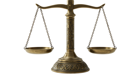 golden scales of justice with intricate designs on transparent background