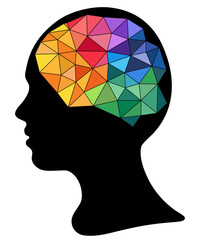 Abstract human head with geometric brain made of colorful triangles, symbol of intelligence, creativity, artificial intelligence and modern digital thinking, isolated vector illustration
