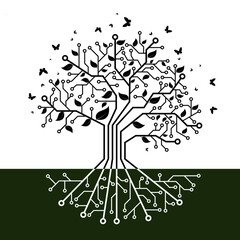 Digital tree with electronic circuit branches and organic leaves surrounded by flying butterflies. Black and white vector illustration combining technology and nature, symbolizing digital transformati