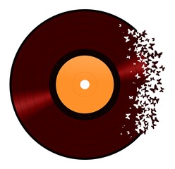 Vinyl record dissolving into digital pixel squares, abstract music concept symbolizing transition from analog to digital, isolated on white background