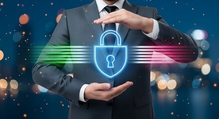 Businessman protecting digital security with glowing padlock and data streams against blurred city lights