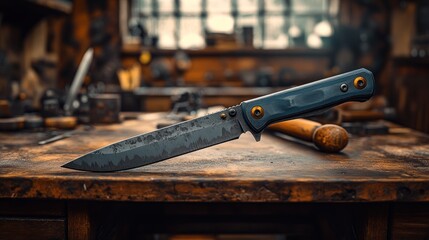 A close-up of a folding knife on a wooden workbench.