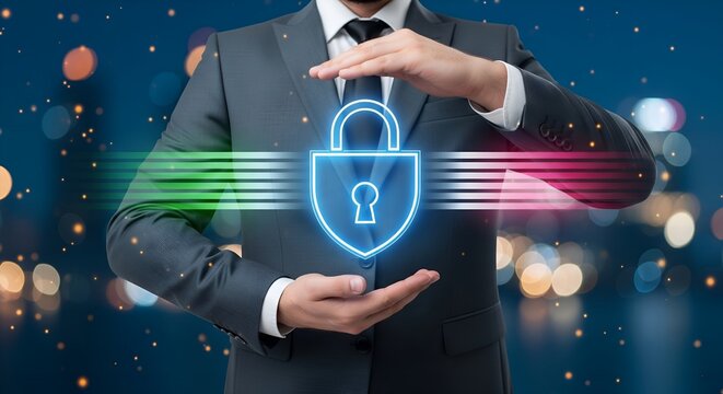 Businessman protecting digital security with glowing padlock and data streams against blurred city lights