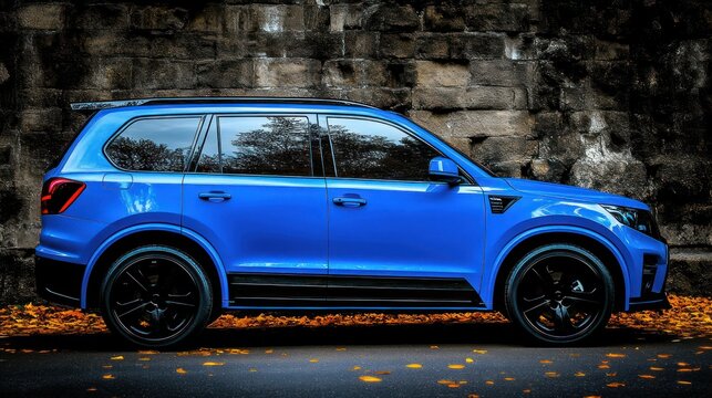 Blue suv parked by stone wall in autumn
