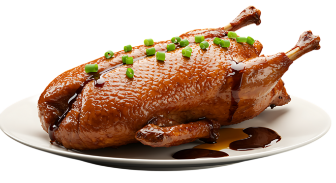 roasted duck served on plate garnished with greens on transparent background