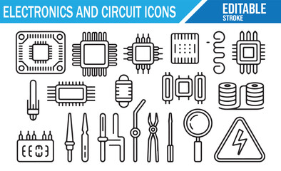 Outline electronics symbols pack including microchip, magnifier, and pliers
