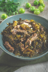 chakapuli, Georgian dish, stewed meat with herbs and tkemali, in white wine, homemade, no people,