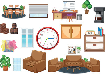 Modern Interior Furniture and Home Decor Elements Vector Illustration on Transparent Background