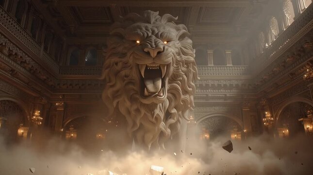 Mythical Dust Lion Erupting in Grand Temple Hall