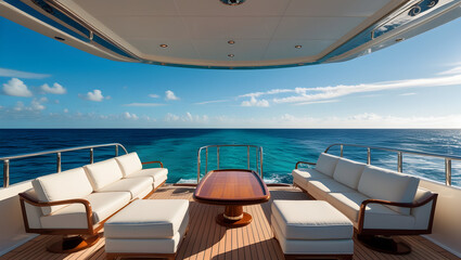 Fototapeta premium A yacht deck with white sofas and a wooden table overlooking the ocean on a sunny day at sea view