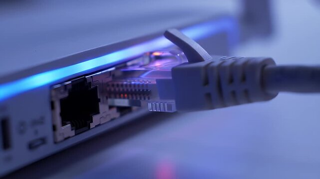 Connecting to the Internet: Close-up view of a Ethernet cable connecting to a router, highlighting