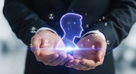 Business meeting showcases innovative digital human head silhouette for idea generation