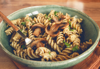 fusilli pasta, in creamy mushroom sauce, pasta with mushrooms, homemade, no people,