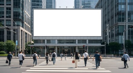 Blank billboard in a city center with people crossing the street