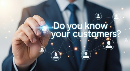 Business professional asking do you know your customers with digital network connections displayed.