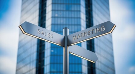 Decision making crossroads signpost in front of modern business building guiding future choices