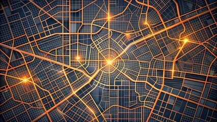 Vibrant neon city map glows with futuristic energy, showing interconnected routes and bright urban pathways.