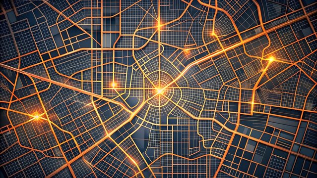 Vibrant neon city map glows with futuristic energy, showing interconnected routes and bright urban pathways.