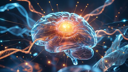 Abstract Digital Brain: Neural Network, DNA, Futuristic Technology, Illuminated Core, Blue and Orange Hues, Scientific Concept.