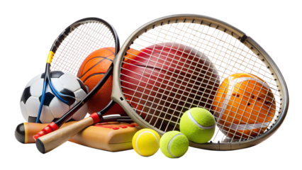 Collection of various sport equipment including tennis rackets, tennis balls, football, soccer ball, basketball isolated on transparent background
